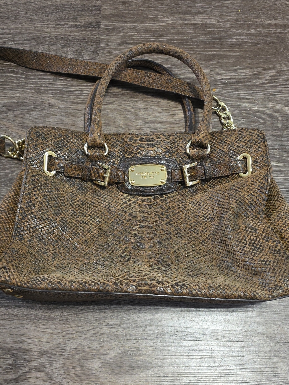 Michael Kors Brown Snakeskin-Texture Satchel Bag with Gold Hardware